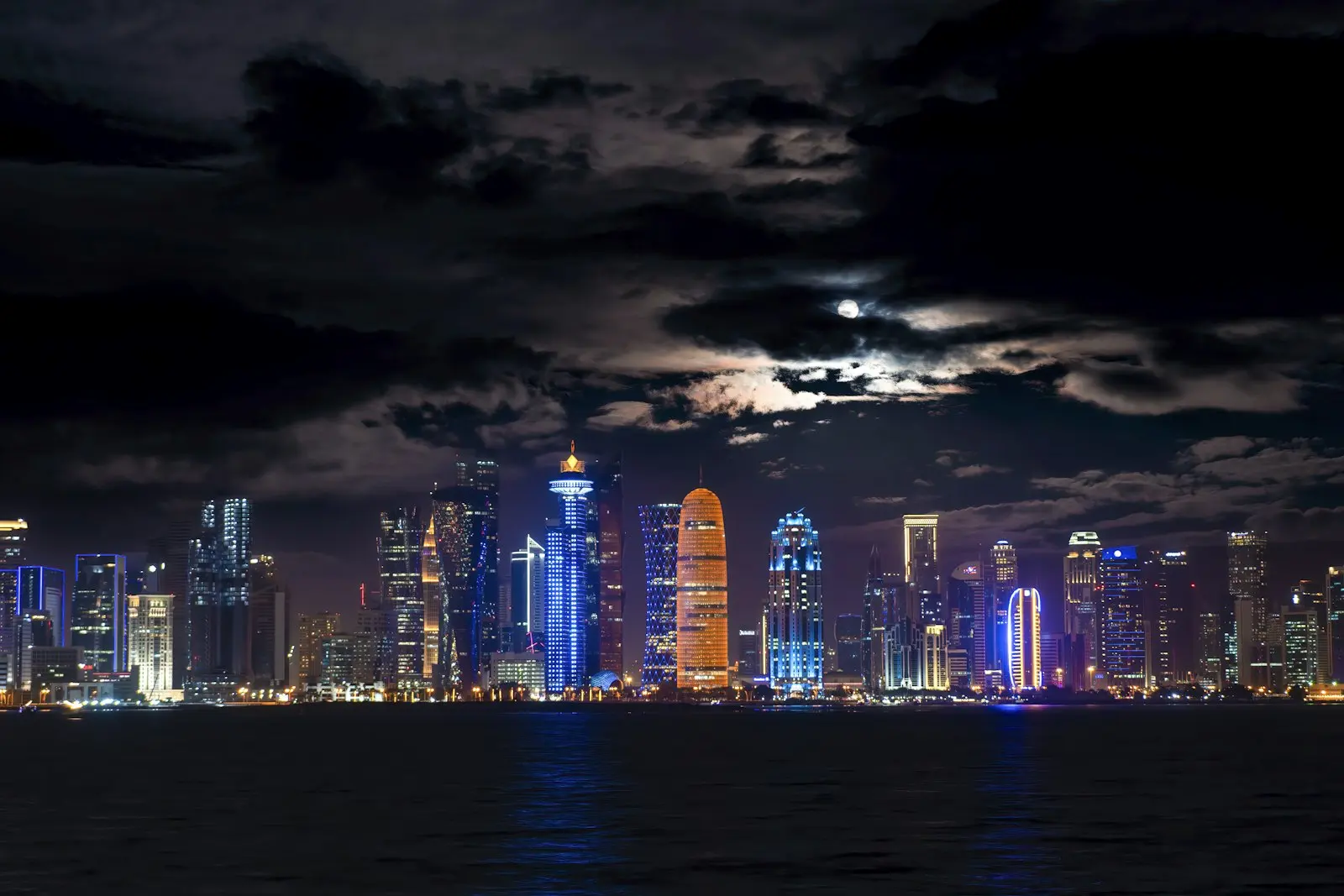 Doha by night: The city lit up across the bay